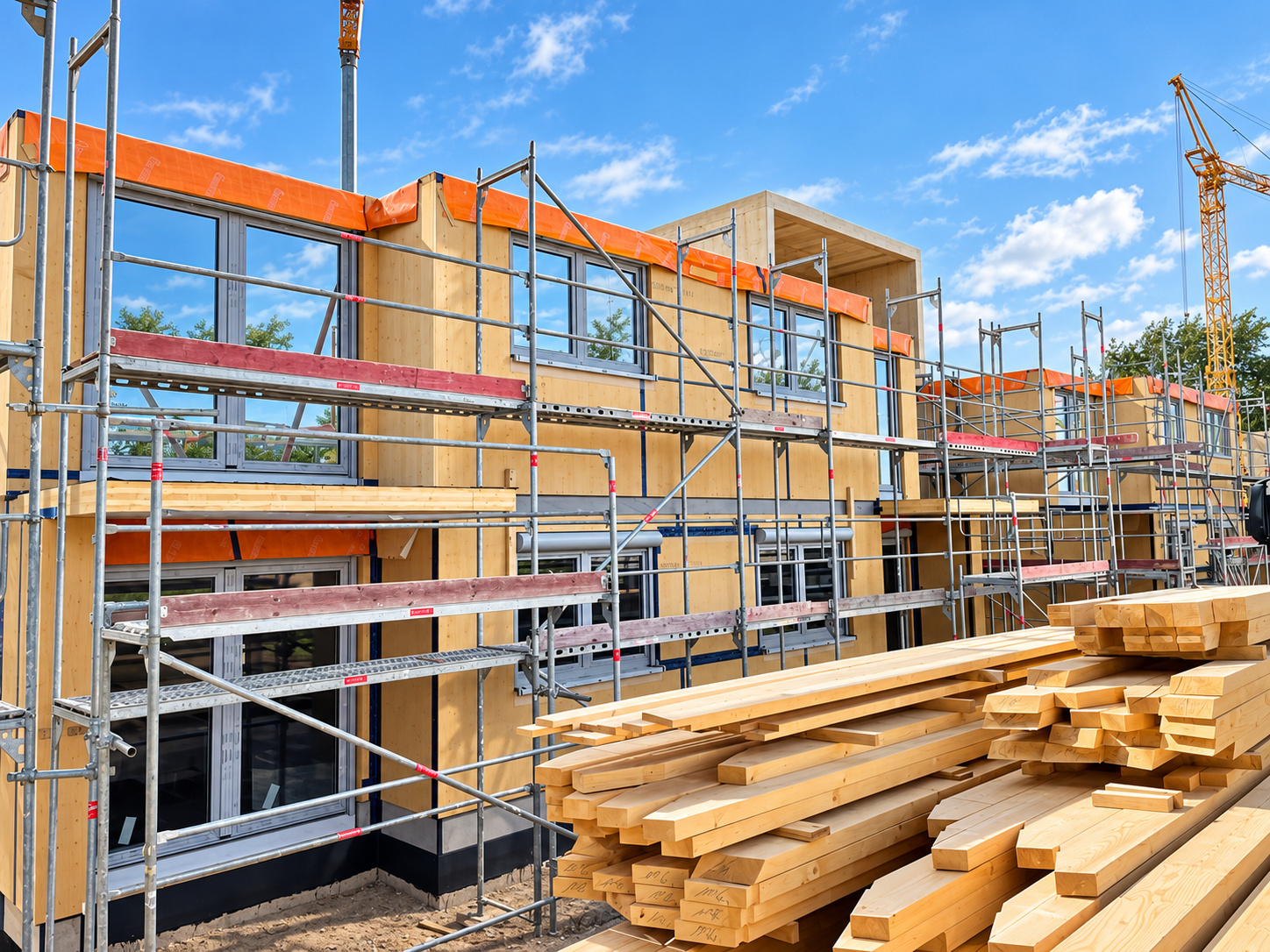 Holzgebäude im Bau mit Gerüst und einem Stapel Konstruktionsholz im Vordergrund