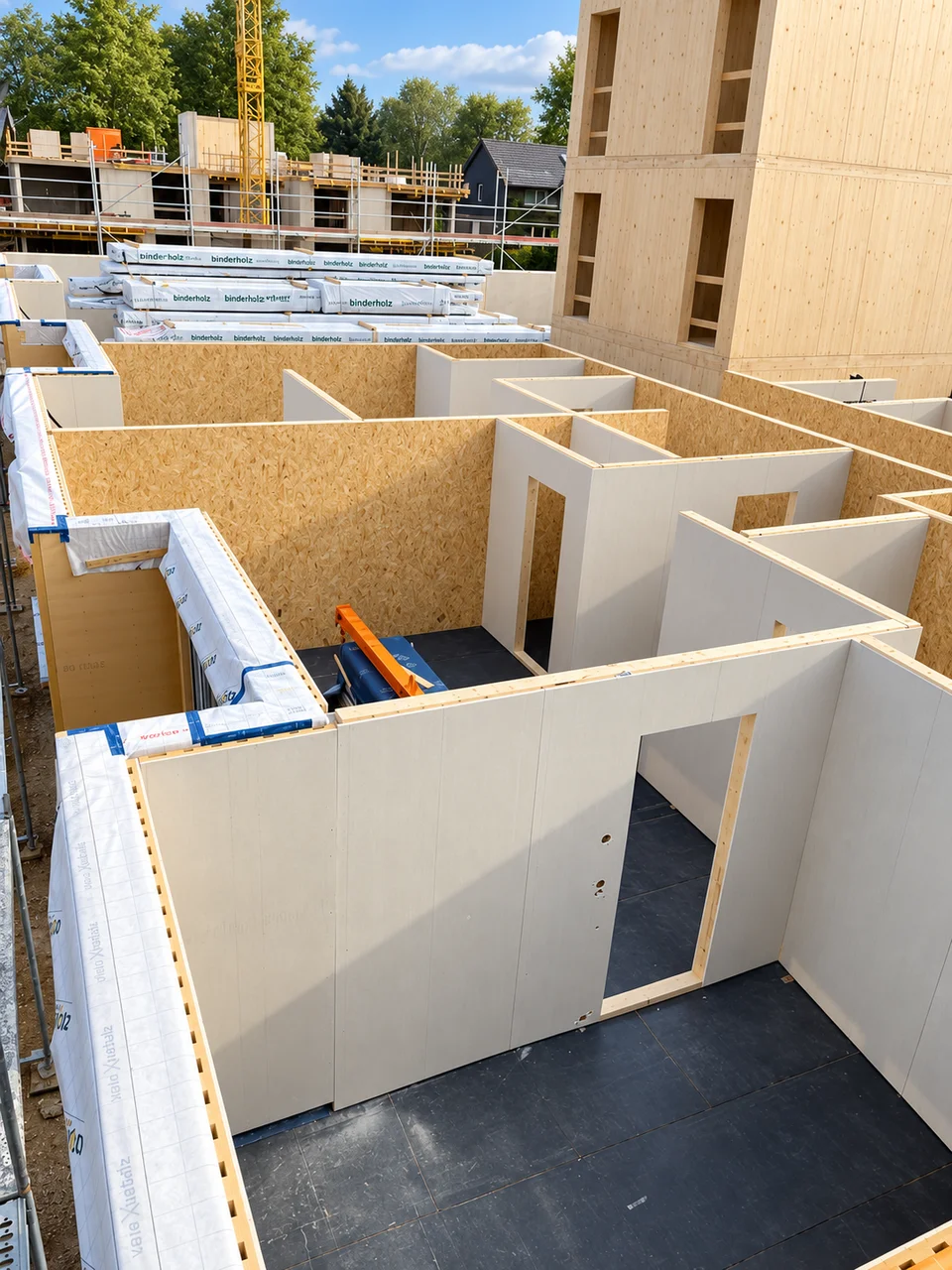 Montage vorgefertigter Holztafelwände auf der Baustelle