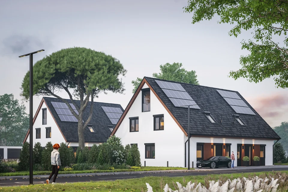 Doppelhaus mit Photovoltaik auf dem Satteldach