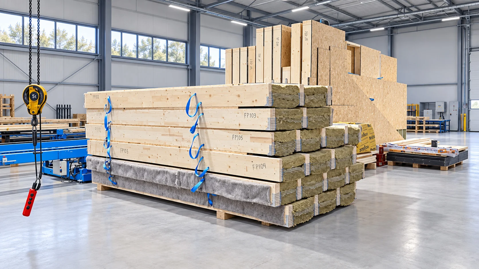 Vorgefertigte gedämmte Holzbauelemente und Wandtafeln im Werk