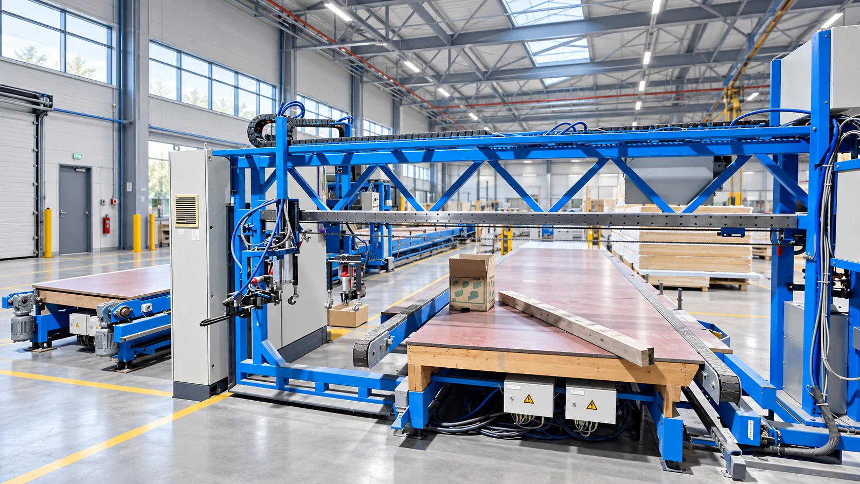 Digital gesteuerte Fertigungsanlage mit einer Holzbearbeitungsfläche und einer Holzleiste im Werk