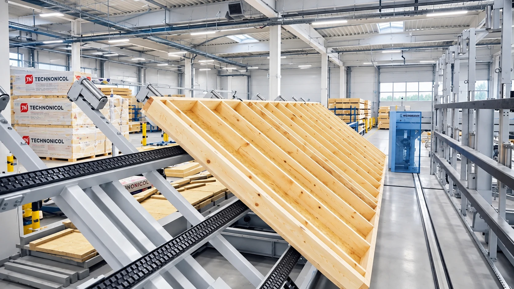Holztafelelement auf einem schwenkbaren Fertigungstisch im Werk
